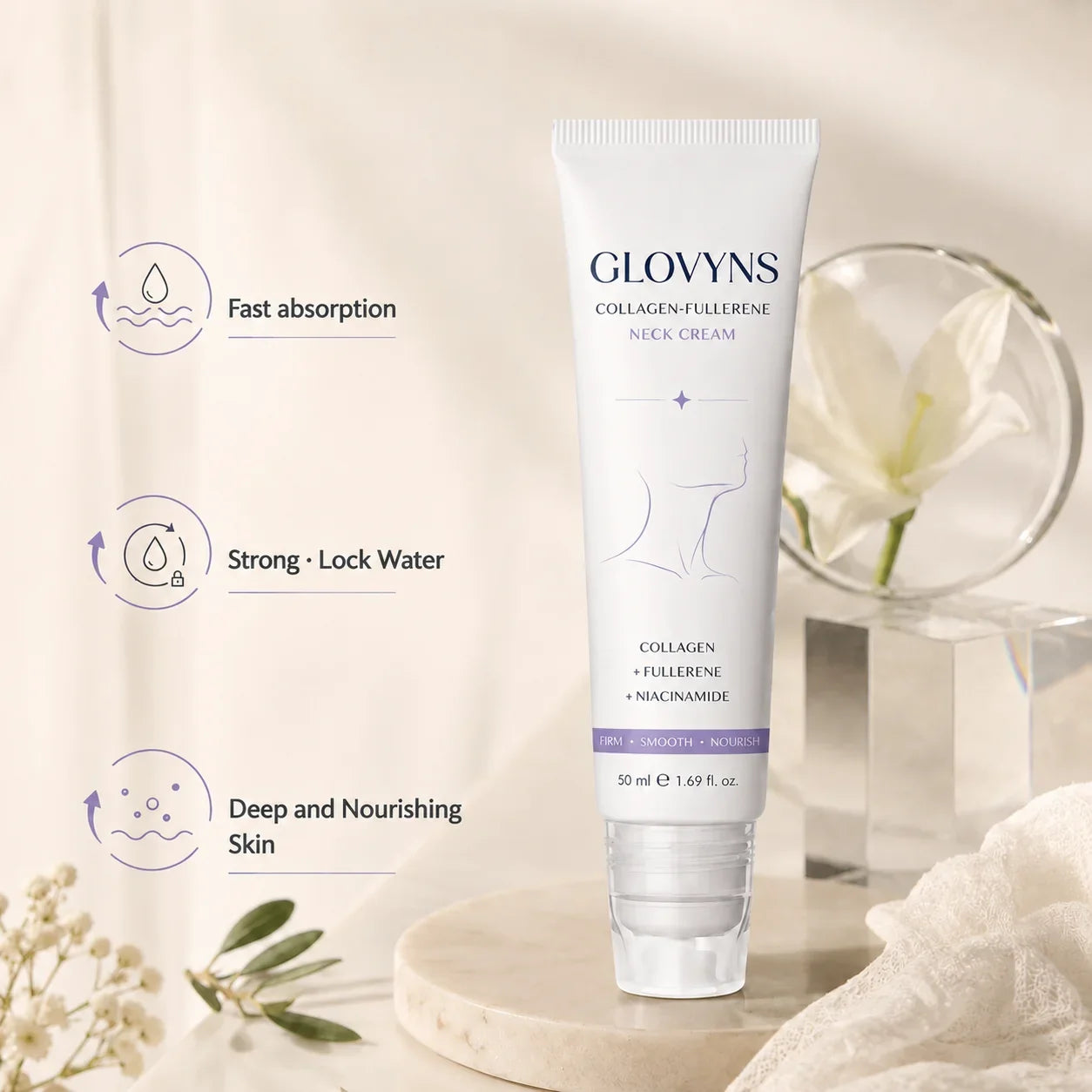 GLOVYNS™ 5-Roller Neck Firming Cream – Collagen & Hyaluronic Acid for Smoother, Tighter-Looking Neck Skin