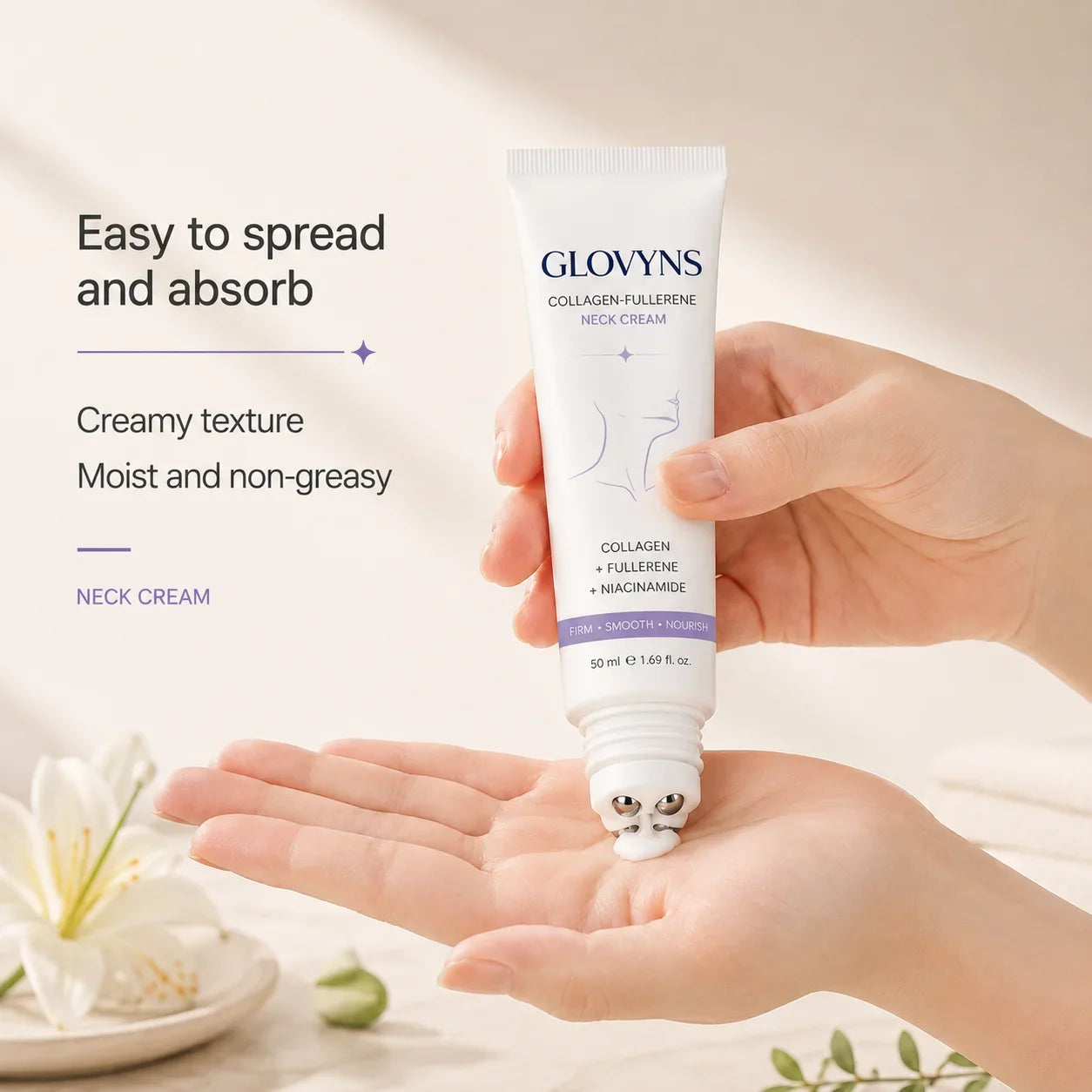 GLOVYNS™ 5-Roller Neck Firming Cream – Collagen & Hyaluronic Acid for Smoother, Tighter-Looking Neck Skin
