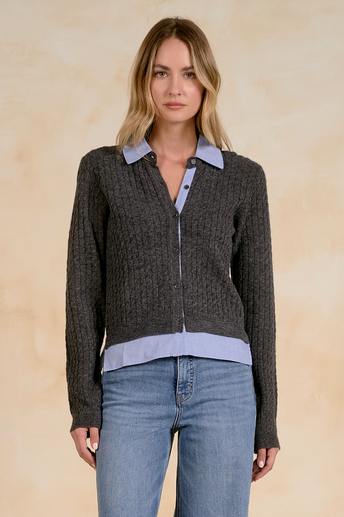 Charcoal Blue Cardigan Collared