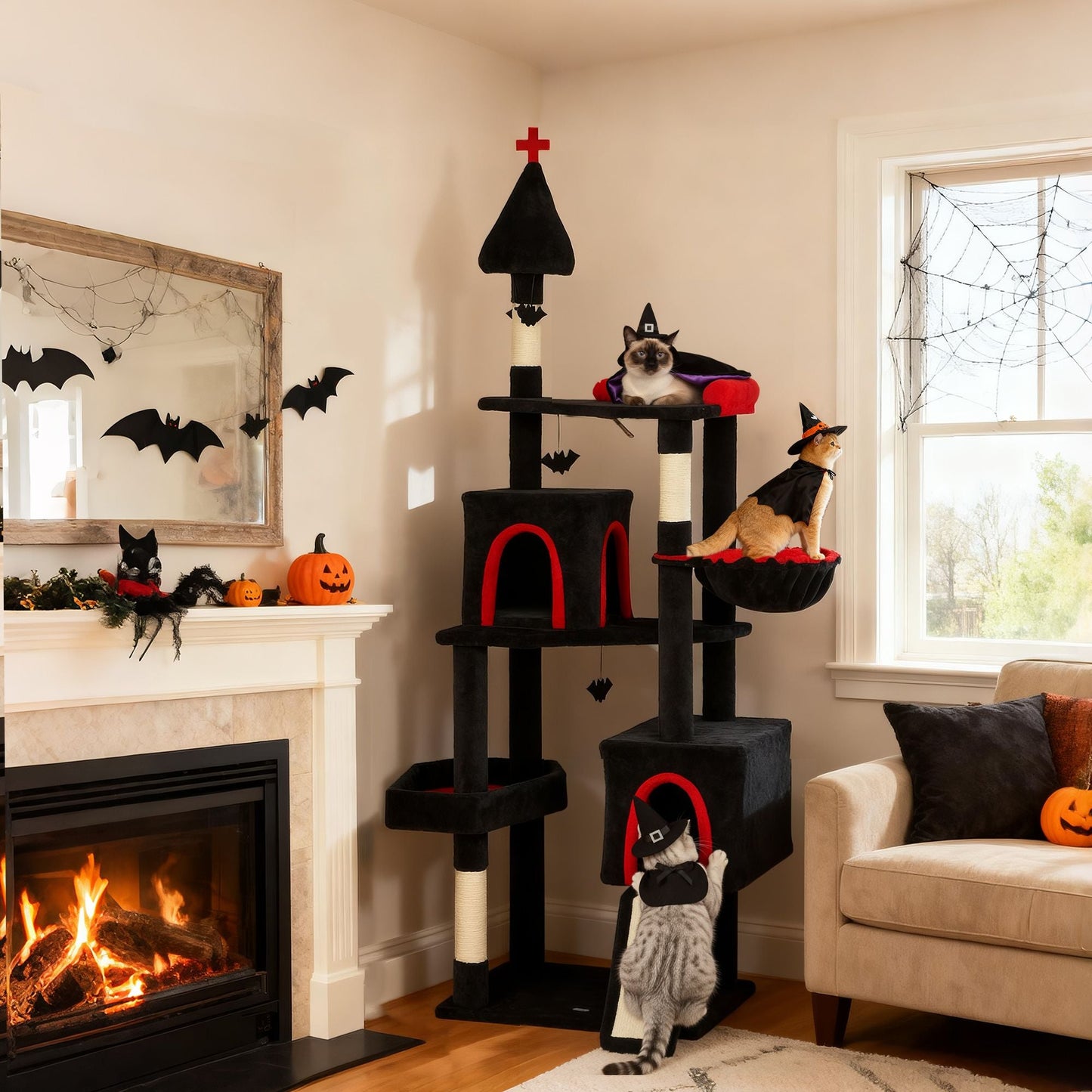 Halloween-Inspired Cat Tree with Multi-Level Condos, Bat Balls, and Sisal Scratching Posts