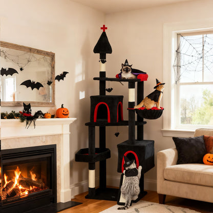 Halloween-Inspired Cat Tree with Multi-Level Condos, Bat Balls, and Sisal Scratching Posts