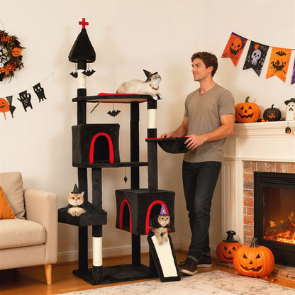 Halloween-Inspired Cat Tree with Multi-Level Condos, Bat Balls, and Sisal Scratching Posts