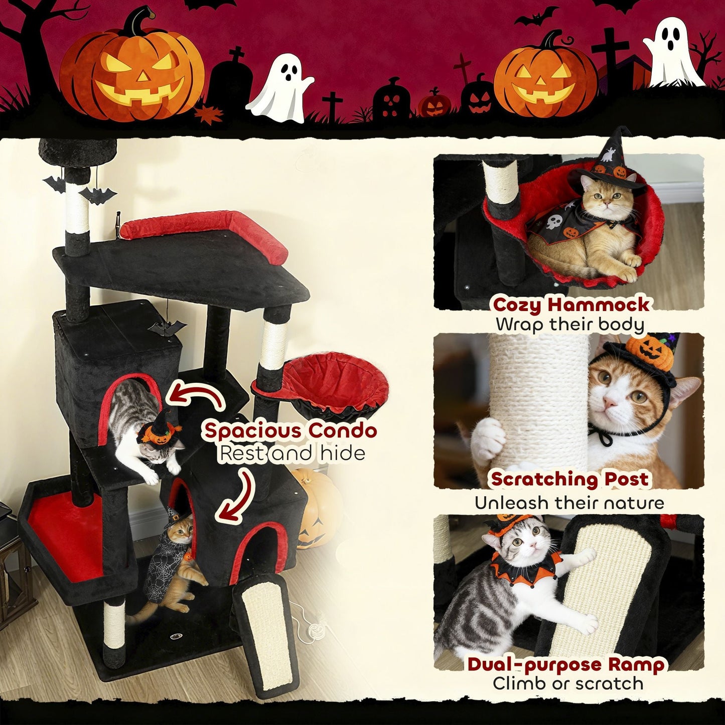 Halloween-Inspired Cat Tree with Multi-Level Condos, Bat Balls, and Sisal Scratching Posts