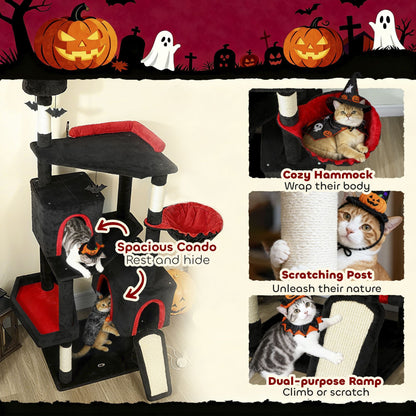 Halloween-Inspired Cat Tree with Multi-Level Condos, Bat Balls, and Sisal Scratching Posts