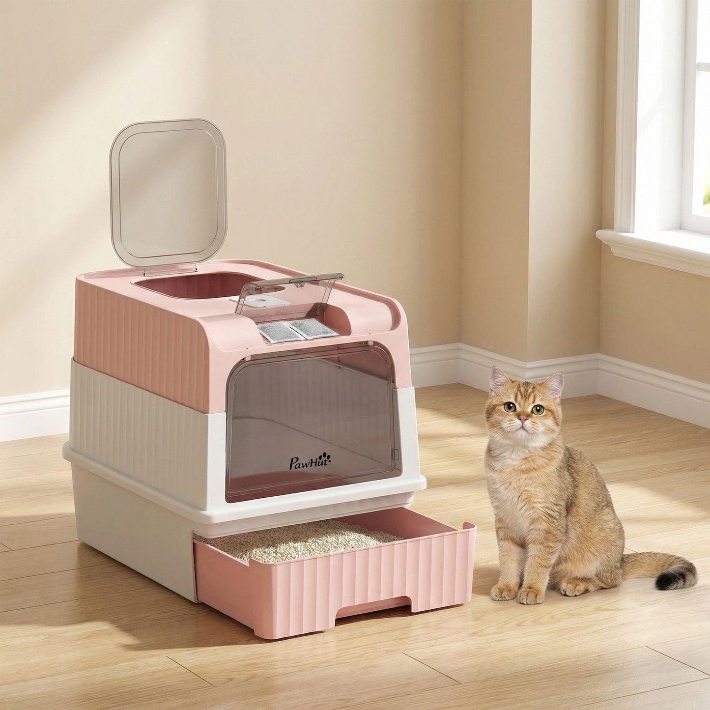 Hooded Cat Litter Box with Easy Clean Drawer Pan - Pink