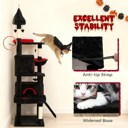Halloween-Inspired Cat Tree with Multi-Level Condos, Bat Balls, and Sisal Scratching Posts