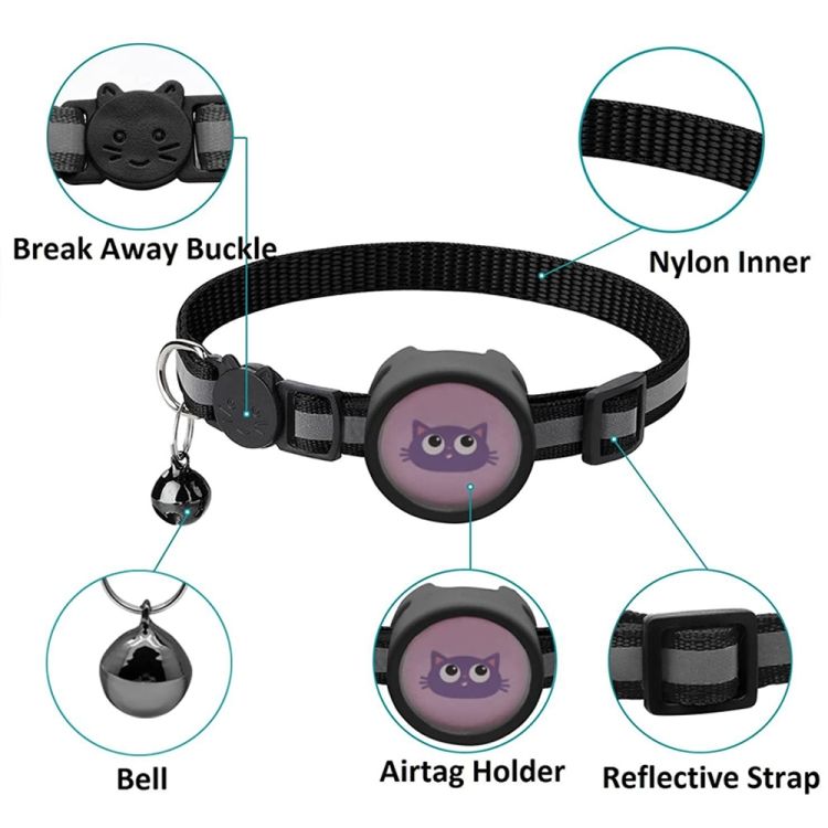 High Visibility Reflective Pet Collar with Bell & AirTag Holder