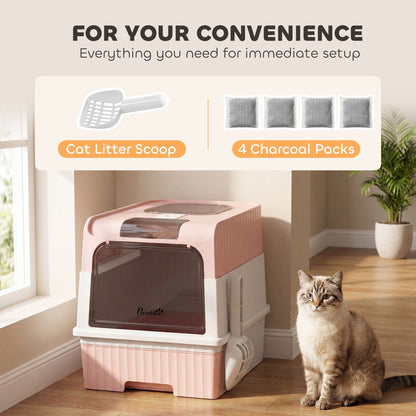 Hooded Cat Litter Box with Easy Clean Drawer Pan - Pink
