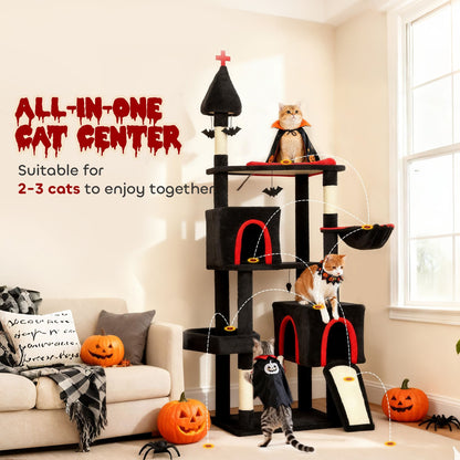 Halloween-Inspired Cat Tree with Multi-Level Condos, Bat Balls, and Sisal Scratching Posts