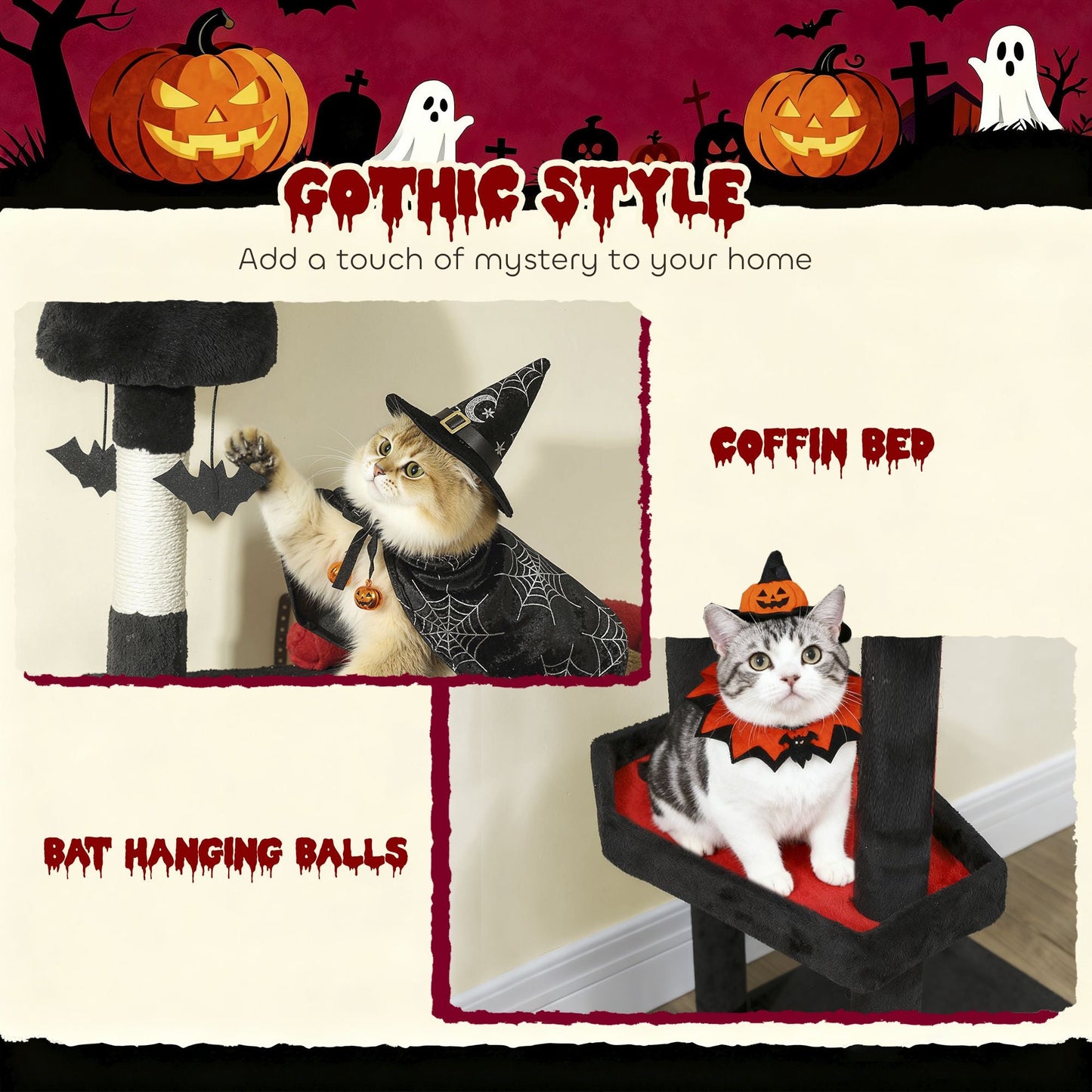 Halloween-Inspired Cat Tree with Multi-Level Condos, Bat Balls, and Sisal Scratching Posts