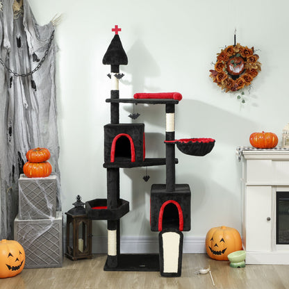 Halloween-Inspired Cat Tree with Multi-Level Condos, Bat Balls, and Sisal Scratching Posts