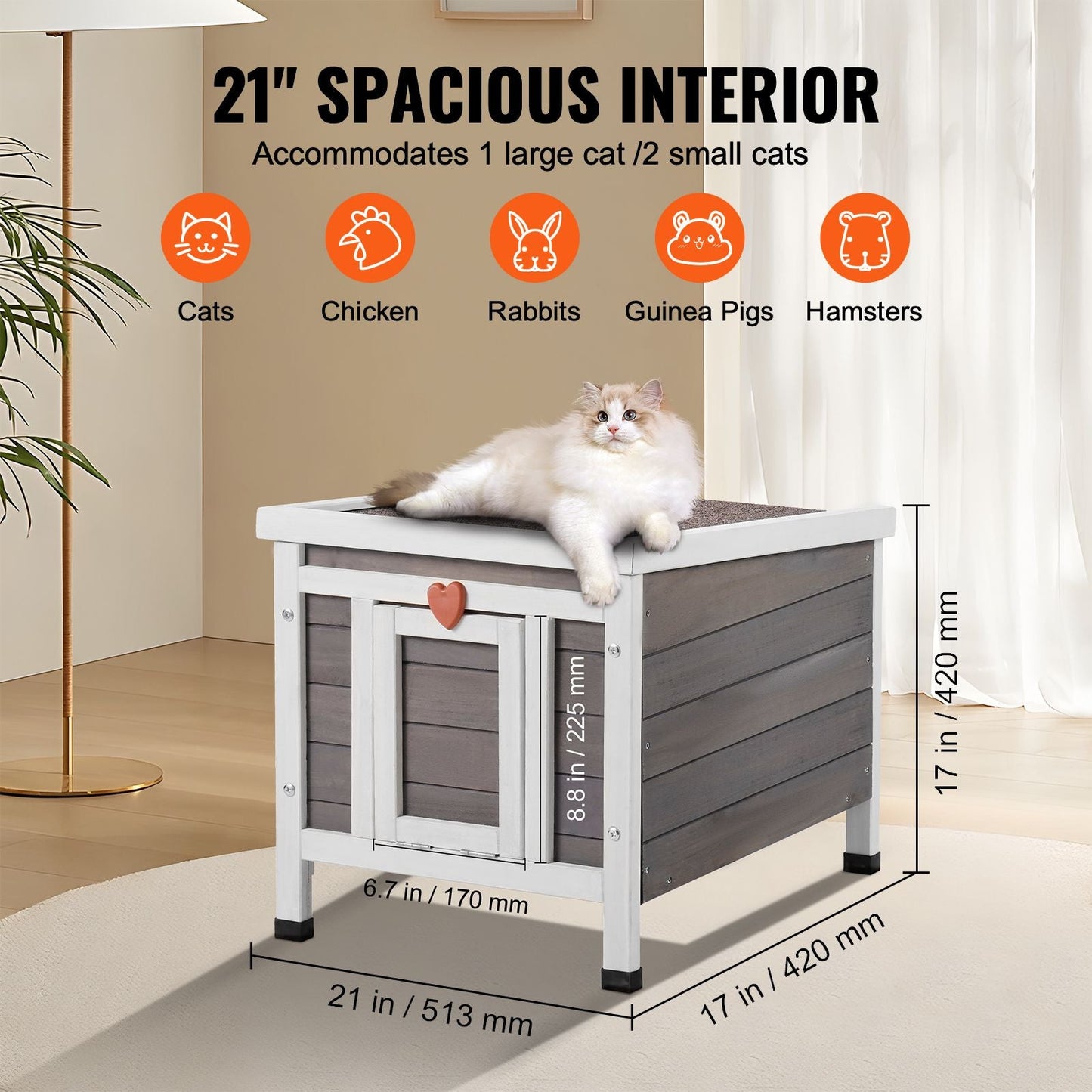 Outdoor Cat House Weatherproof, Feral Cat Shelter for Multiple Cats, Outdoor Wooden Cat Rabbit House with PVC Door Flaps and Open Roof, 21"L x 17"W x 17"H