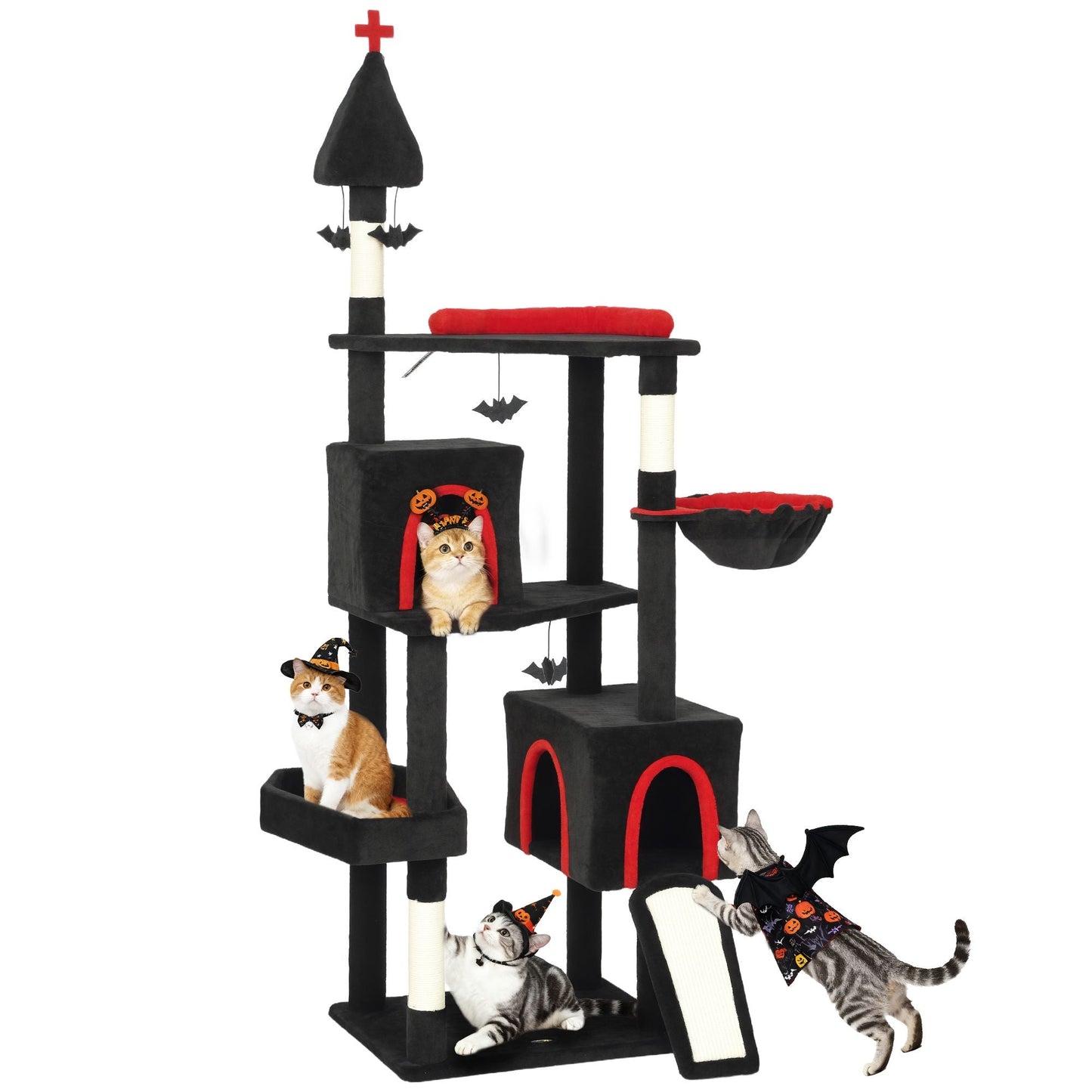 Halloween-Inspired Cat Tree with Multi-Level Condos, Bat Balls, and Sisal Scratching Posts