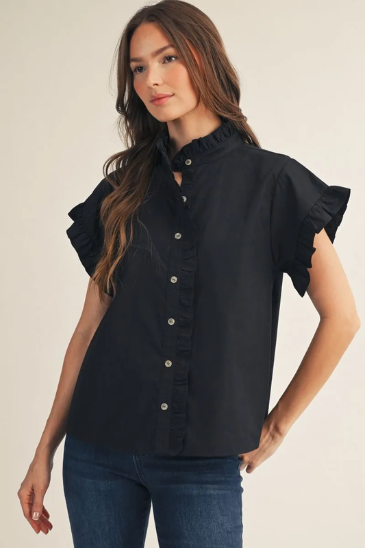 Ruffle Sleeve Button Up Blouse - Black